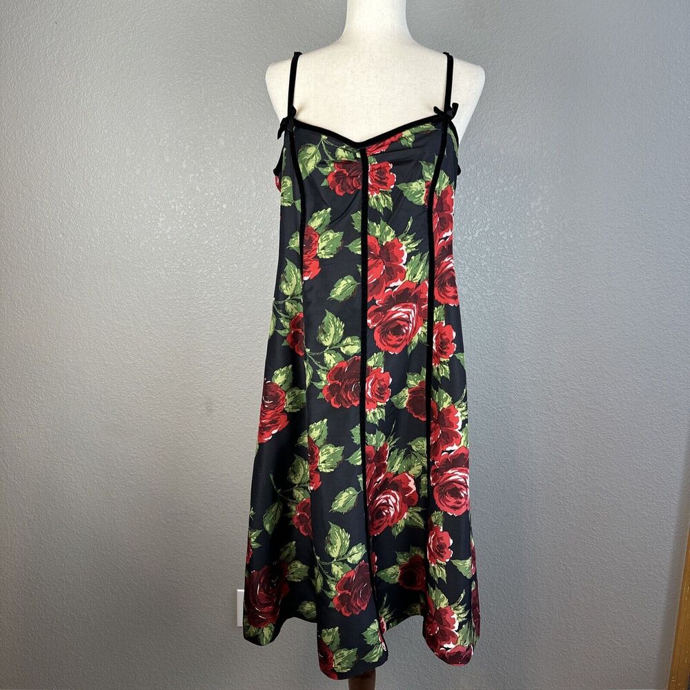 L.K. Bennett Women A-Line Panel Dress 12 Black Floral Rose 100% Silk Velvet Trim